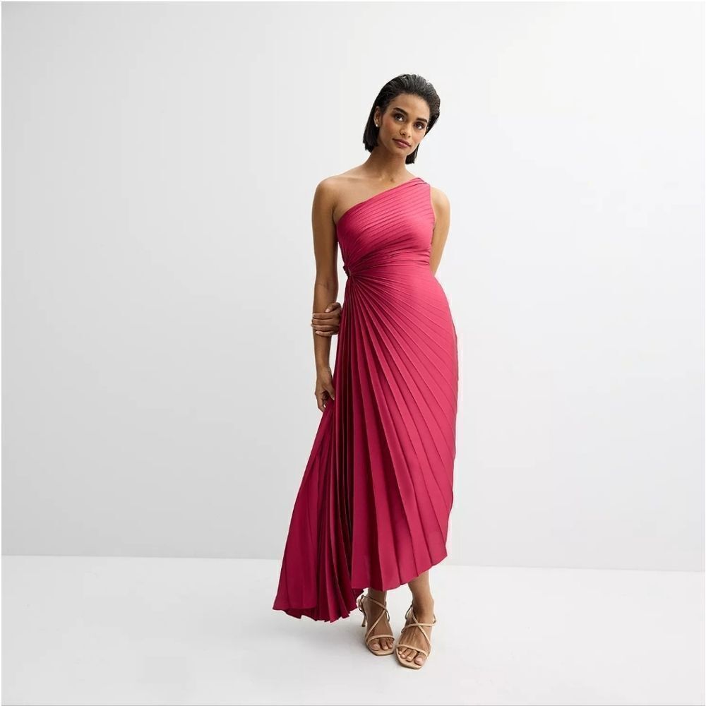 Nicole Miller Pleated Asymmetric Hem One Shoulder Dress Paradise Pink Size 4 NWT